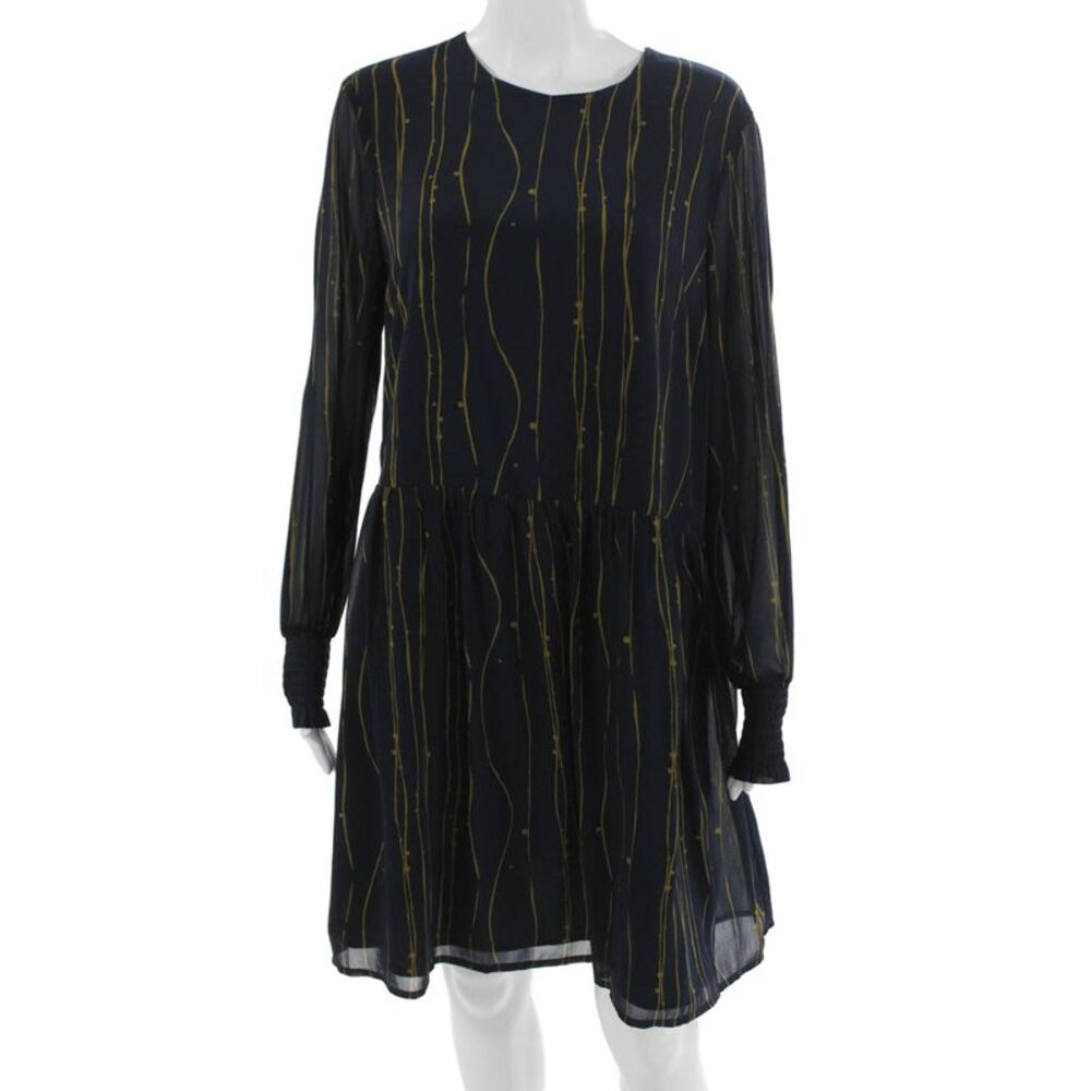 Y.A.S Women A-Line Shift Dress Dark Blue Striped Long Sleeve Round Neck Size L